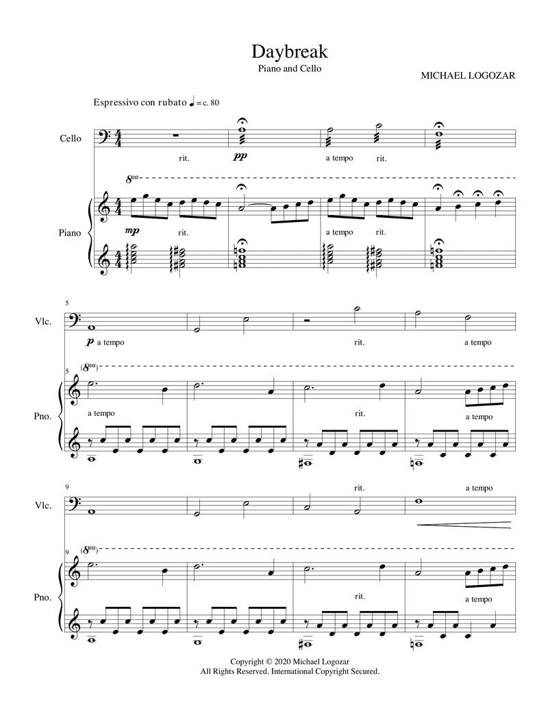 Daybreak (Cello and Piano) - Sheet Music Download